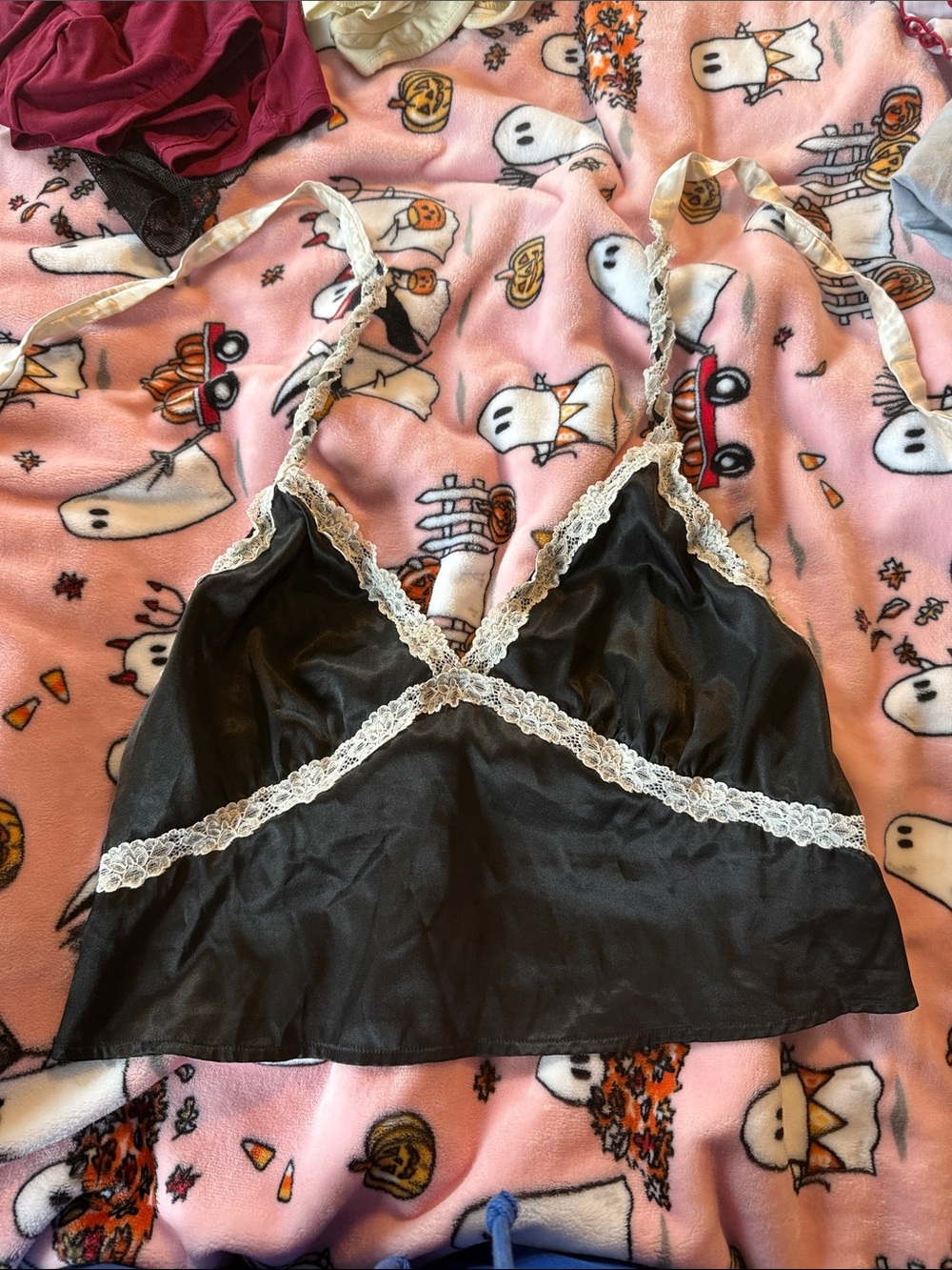 La SENZA Black Satin Bralette with White Lace Trim